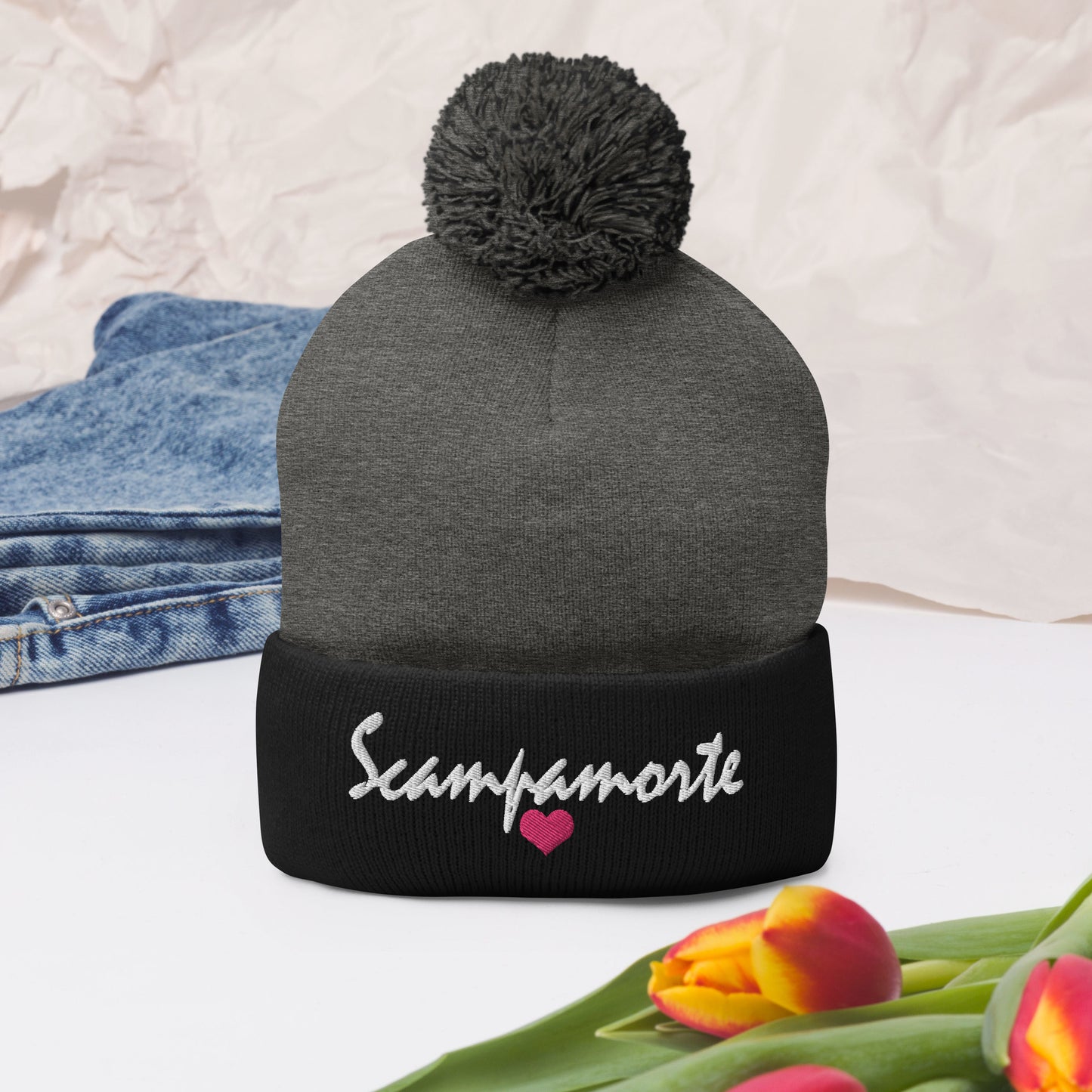 Pom-Pom Beanie - Embroidered - Pink Heart