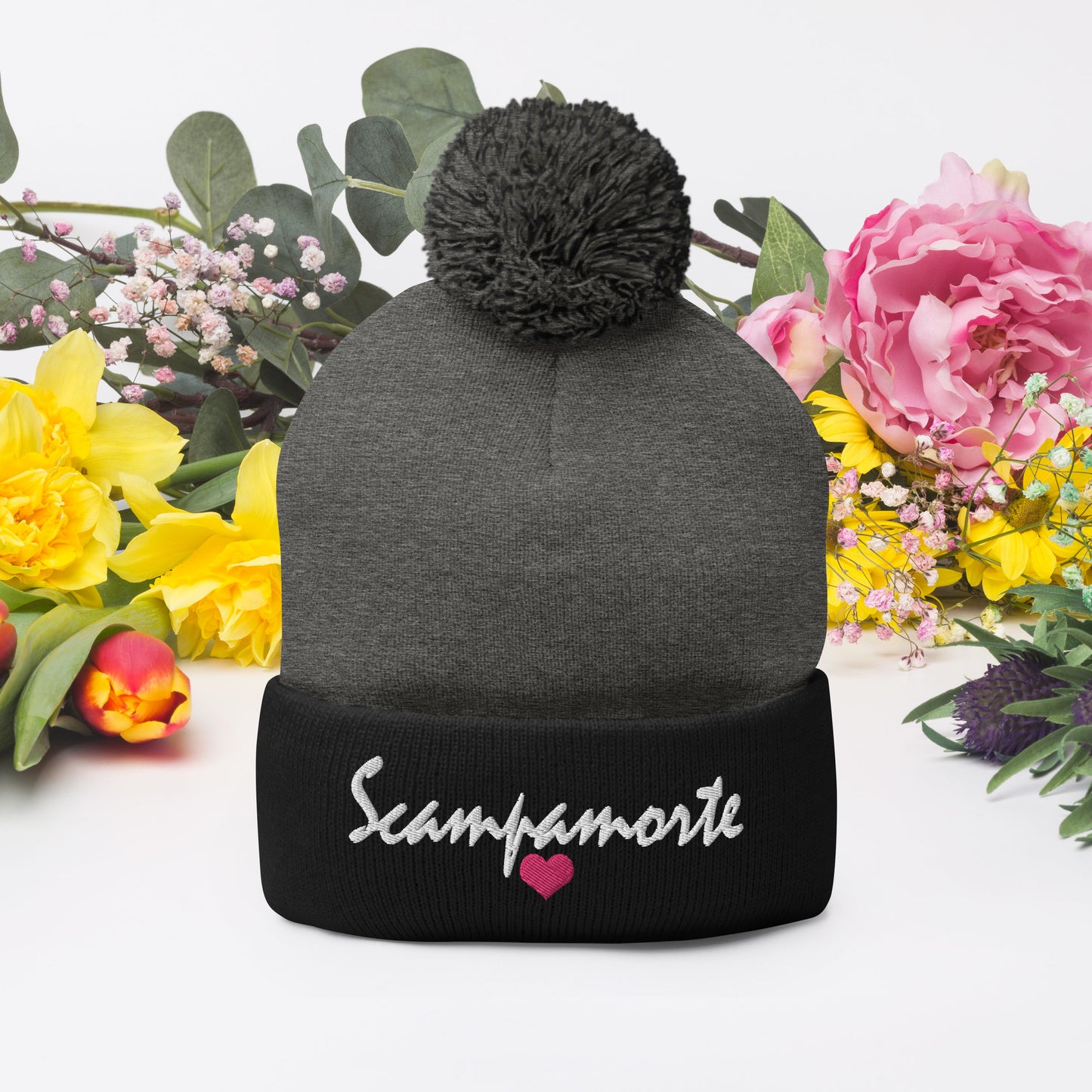 Pom-Pom Beanie - Embroidered - Pink Heart