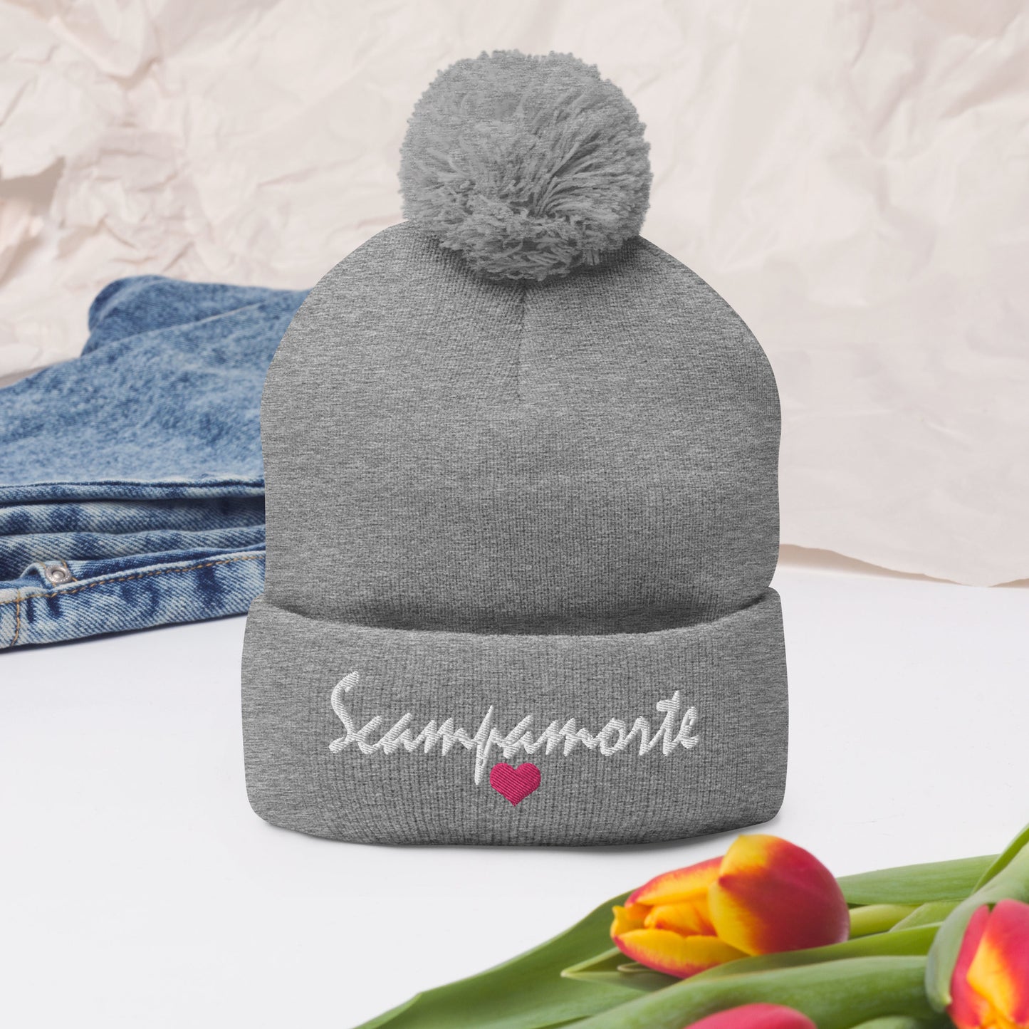 Pom-Pom Beanie - Embroidered - Pink Heart