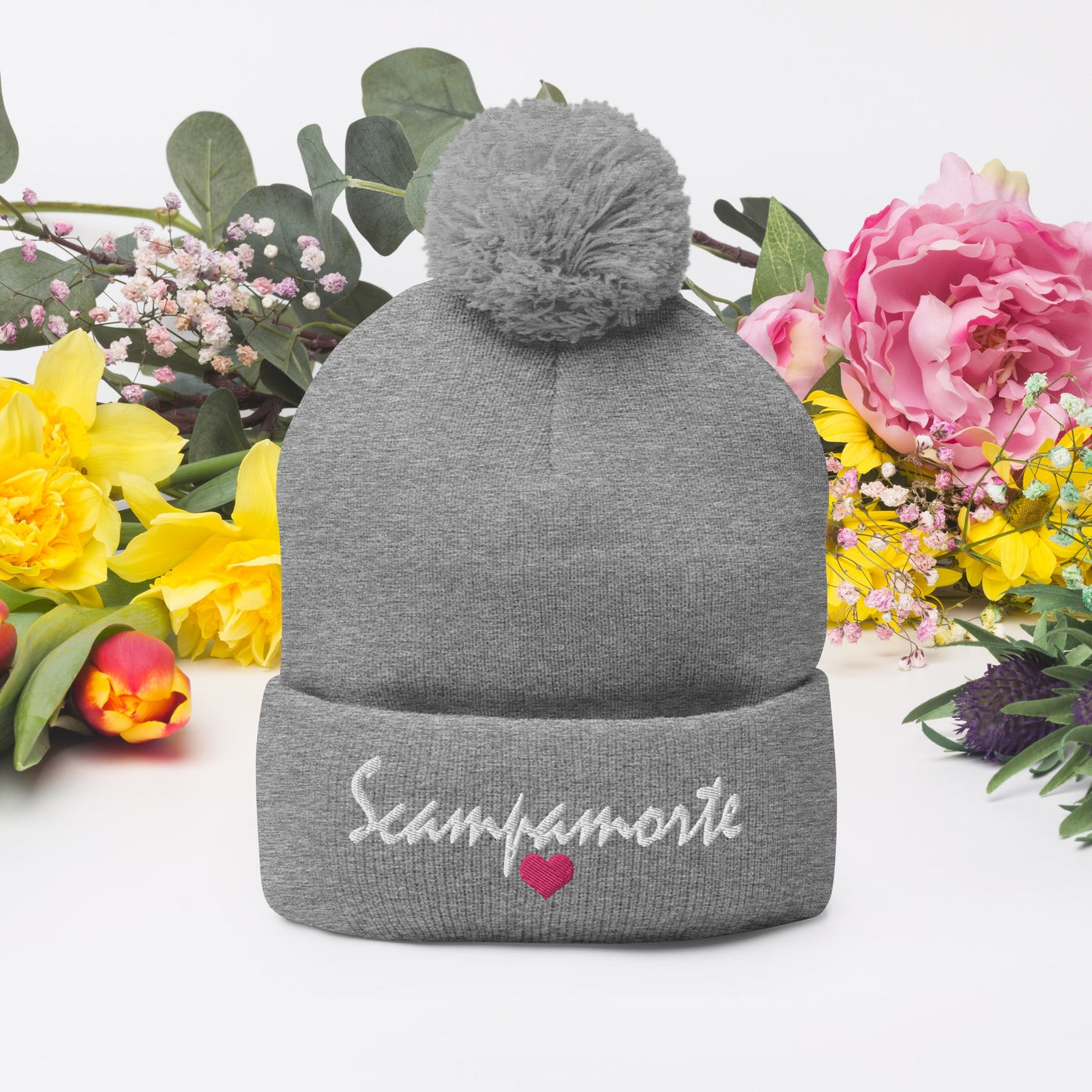 Pom-Pom Beanie - Embroidered - Pink Heart